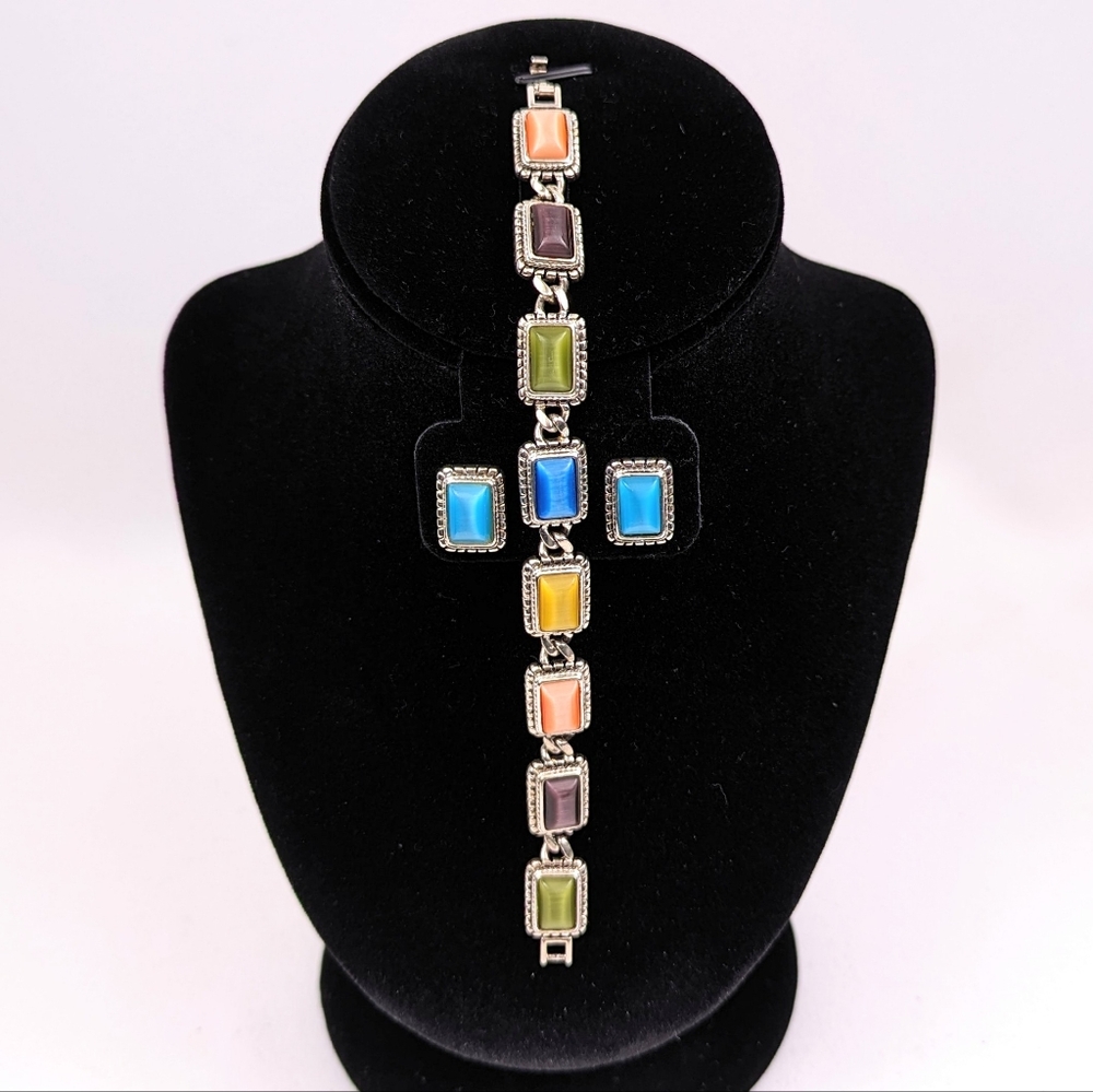 Premier Designs Bracelet & Earrings Set Multicolor Tiger Eye Stones Silver Link